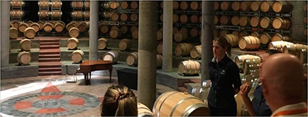 Imagen de interior de bodega Salentein y personas en una vista guiada con degustación.